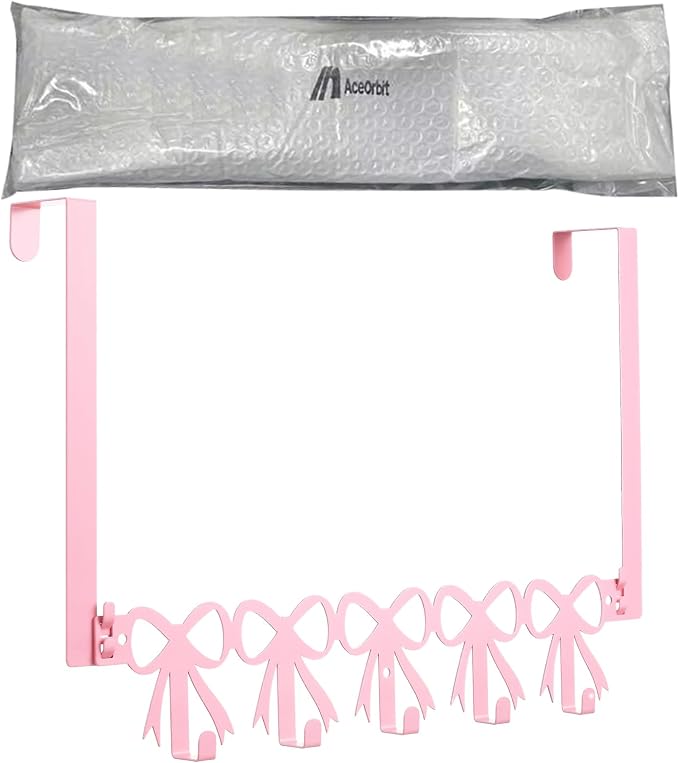 AceOrbit Pink Bow Over The Door Hooks Hanger 5 Hooks Coquettish Decor | Kawaii Bow Style for Bedroom Bathroom, Organizes Towels Hats Clothes, Farmhouse Decor, Over the Door for Kids Girls