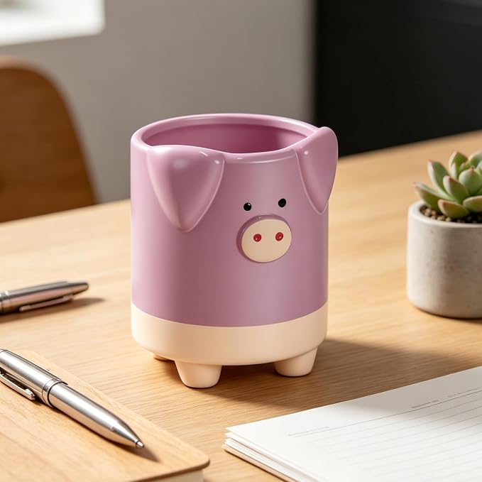 Ceramic Pink Pig Shaped Pen Pencil Holder for Desk Decoration Accessories Pig Decor Makeup Brush Pen Cups Succulent Plant Pot Office School Ideal Gifts for Women, Mom or Birthdays