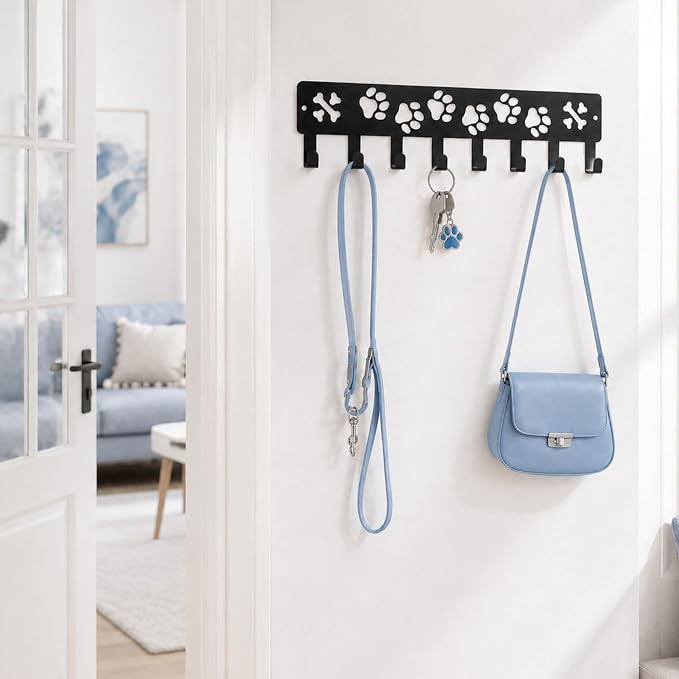 Dog Leash Holder for Wall Dog Decor Key Hangers Organizers, 1Pc | 11.8x2.75in Leash Holder for Wall Key Rack Iron Paw Design Screw Anchors Mounts for Entryway Hallway Storage
