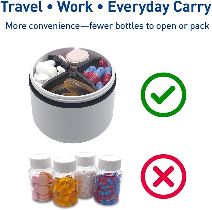 Ezy Dose Mini Vitamin Organizer, Multi Compartments, White & Black, Medium | Portable and Compact Design, Easy Access Sliding Pill Dispenser, Supplement Organizer with Anti-Mix Design, Travel Friendly