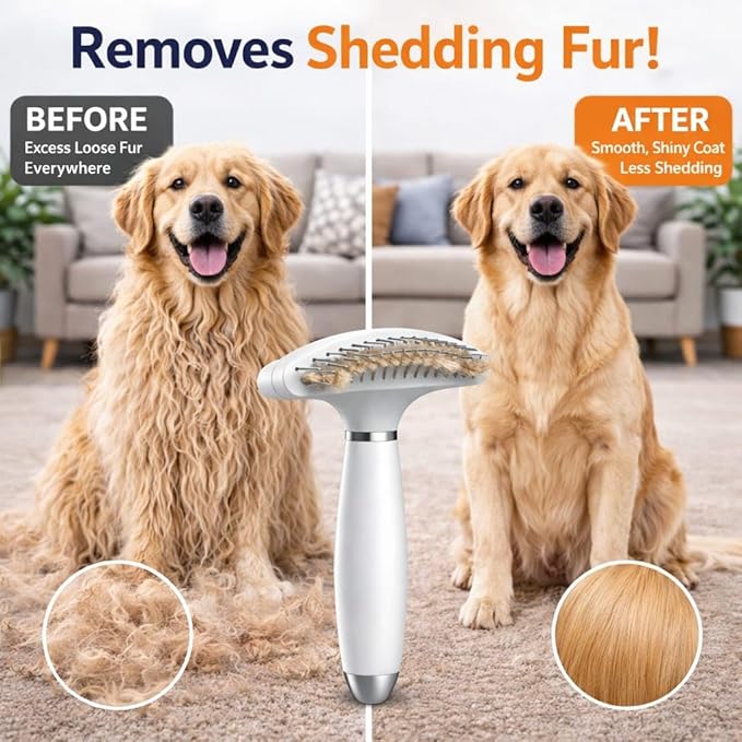 Self Cleaning Dog Brush for Shedding – Undercoat Rake for Dogs & Cats, Deshedding & Dematting Tool with Dual Stainless Steel Teeth, Removes Loose Fur for Thick & Double Coats