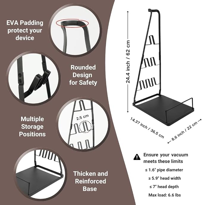 Vacuum Stand No-Drill Storage for Most Stick Vacuum Home Cleaning | metal storage frame, tool holder use, and broad stick-vac fit for clearer buying for daily cleaning,Wallless hole drilling