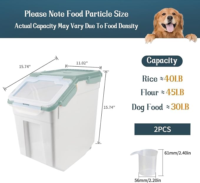 Rice Storage Container 2 Pack 50 lb Flour Storage Container with Wheels, BPA Free Food Storage Container with Measuring Cup Dog Cat Food Bin Set for Dry Food Sugar, Cereal-Green