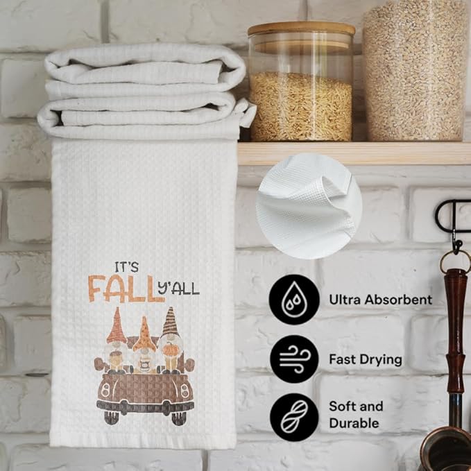 Fall Garden Gnome Kitchen Towels Decor Gifts for Home,It's Fall Y'all Tea Towel Baking Cooking Drying Cloth for Kitchen,Flour Sack Dish Towels,Farmehouse Decoration for Thanksgiving