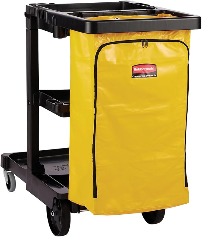 Rubbermaid Commercial Traditional Janitorial 3-Shelf Cleaning Cart, Wheeled with Zippered Yellow Vinyl Bag, for Business/School/Office/Janatorial Cleaning