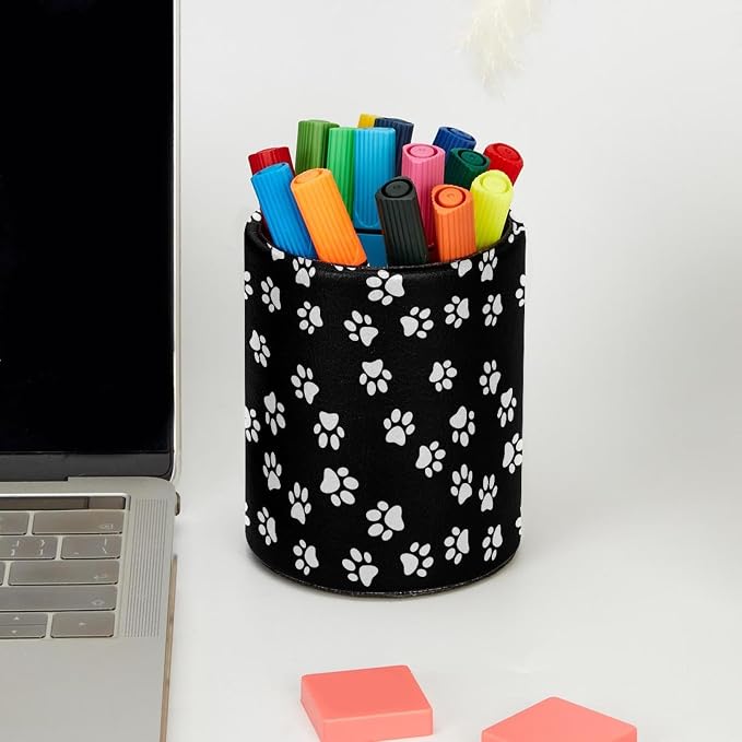 White Dog Paw Print Black Background Pencil Box, Multiple-Use Desk Writing Stationary Organizer Pen Holder Cups Office School Supplies Storage