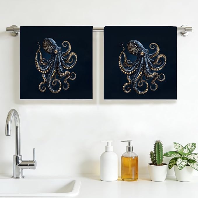 2PCS Goth Octopus Kitchen Towels 14x24 Inch, Absorbent Microfiber Decorative Dish Cloth Tea Towel, Dark Style Octopus Waffle Hand Towels for Kitchen Home Bathroom, Housewarming Gifts for Women