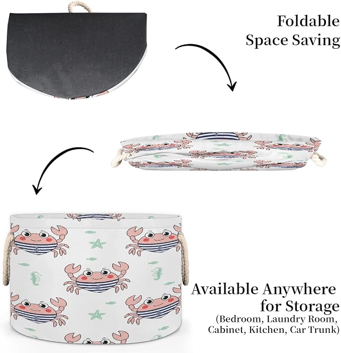 Large Storage Baskets - Nautical Crab Nursery Organizer Bin Box with Handles Collapsible Round Laundry Hamper for Kids Toys Pet Blanket, Bedroom Living Room Home Decor Gift Basket