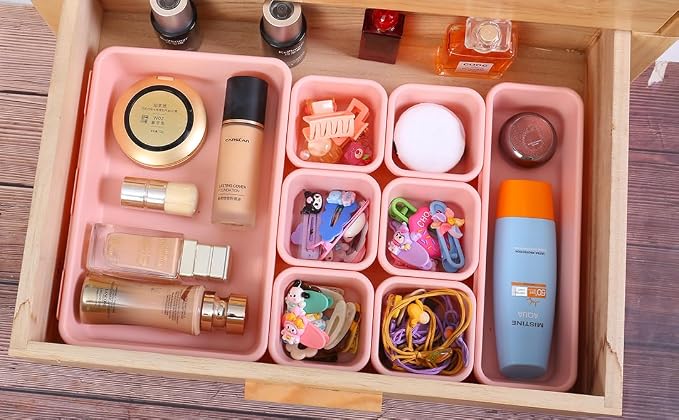 Kutesna 25 PCS Pink Drawer Organizer Set, 4 Size Interlocking Plastic Storage Bins for Office Supplies, Jewelry Makeup Vanity, Bathroom Kitchen, Home Organization Closet, Gadgets Small Items