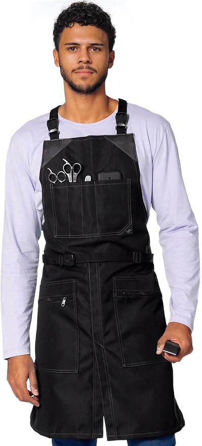 Under NY Sky Barber Apron, Cross-Back with Buckle, Zipped Pockets, Black | Oxford Canvas Resists Liquids, Chemicals, Ink, Dye. Quick-Release Buckle, Split-Leg, For Hair Stylist, Colorist, Barbers