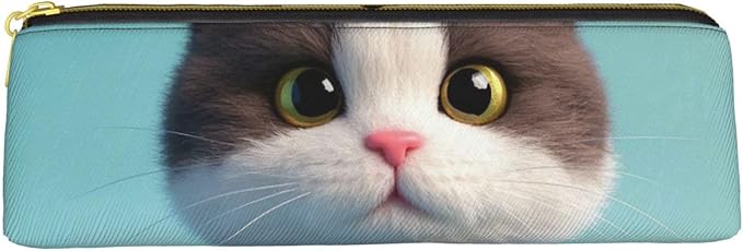 Leather Pen Case with Zipper - Aesthetic Pen Holder Cute Clothes Cat Pencil Case for Women & Men - Handcrafted Pencil Bag Multi-Functional Travel Cosmetic Case for Work Office Tool Pouch