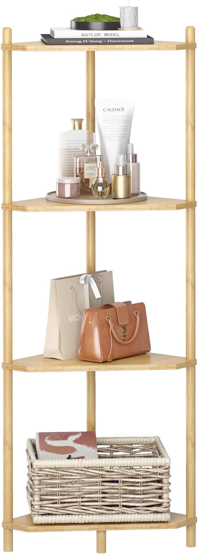 Wisuce Natural Small Corner Shelf Stand, 4-Tier Bamboo Corner Bookshelf | Space-Saving Narrow Corner Shelf | Bathroom Corner Shelf | Shelves for Bedroom, Living Room, Kitchen & Plant Display