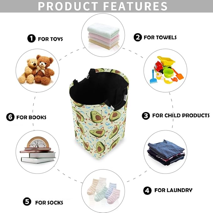 visesunny Collapsible Laundry Basket Funny Avocado Cartoon Character Large Laundry Hamper with Handle Toys and Clothing Organization for Bathroom, Bedroom, Home, Dorm, Travel