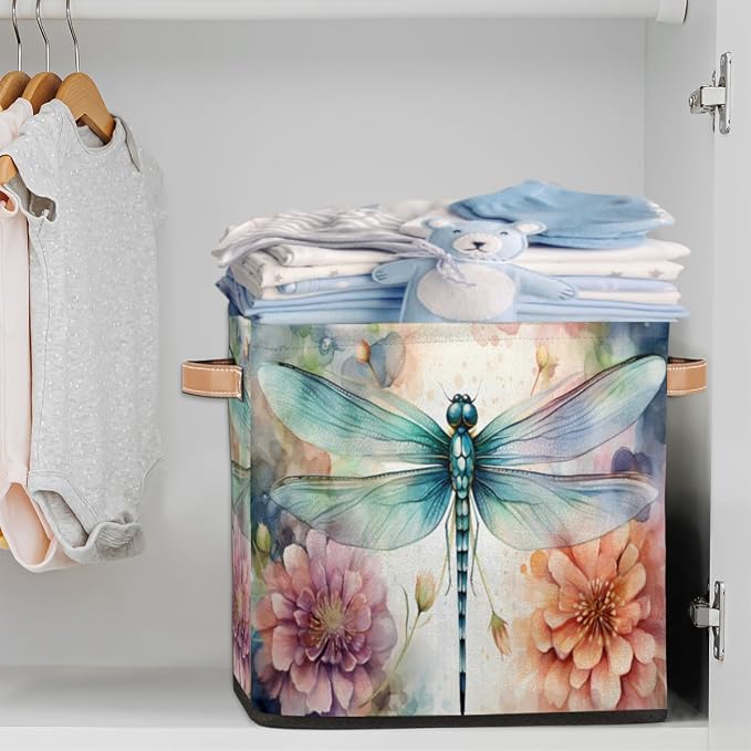 Floral Dragonfly Cube Storage Bin, 13 Inch Collapsible Fabric Storage Cubes Bin, Foldable Cube Baskets for Shelf, Closet, Organizer