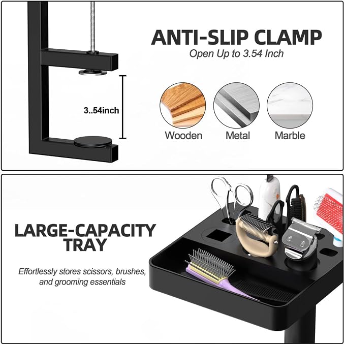 Dog Grooming Arm with Tray, 38" Pet Grooming Table Arm with Adjustable No Sit Haunch Holders, Pet Grooming Stand with Clamp for Small & Medium Pets