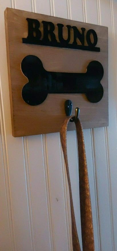 Personalized Wooden Dog Leash Hangers Custom Leash Holder Puppy Pet Hook Name Bone Sign Wall Organizer Decor, Hook and Hardware Is Installed Ready To Use, No More Where's the Leash? A Must Have