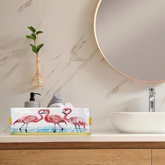 Pink Flamingo Light Blue Bathroom Storage Basket, Foldable with Handle Open Countertop Paper Towel Decorative Box, Toilet Tank Top Shelf Baskets for Home Closet Bedroom Living Room Office
