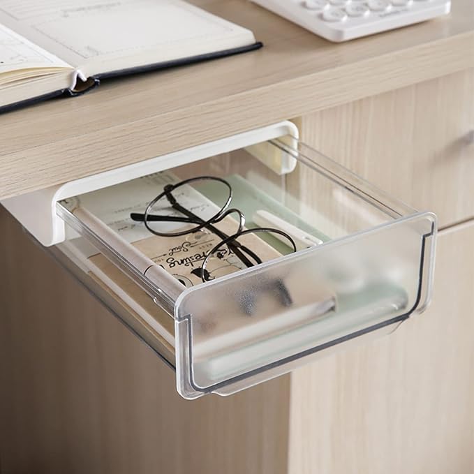 OSPNIEEK Self-adhesive Under Desk Drawer Organizer, 2 Pack Table Hidden Slide Out Large Storage Mounted Desktop Pencil Holder Tray Drawers for Office Home School Stationery Kitchen (White)
