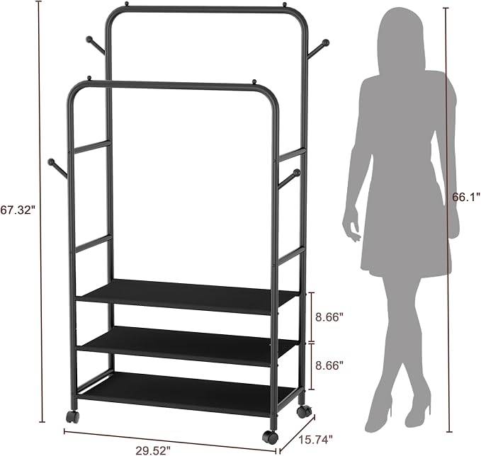 Furologee Clothes Racks for Hanging Clothes, Double Rods Clothing Rack with 3-Tier Storage Shelves, Rolling Garment Wardrobe with Wheels, Portable Free Standing Closet for Bedroom, Laundry Room, Black