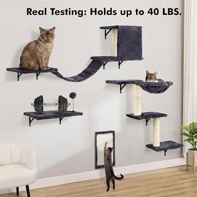 Cat Wall Shelves, Space-Saving Wall-Mounted Cat Climbing Set for Large Cats | Multi-Level Climbing System, Wall Furniture, Bed, Steps, Hammock, Wall Scratcher, Indoor Cat 40 lbs Small Place Corner Room