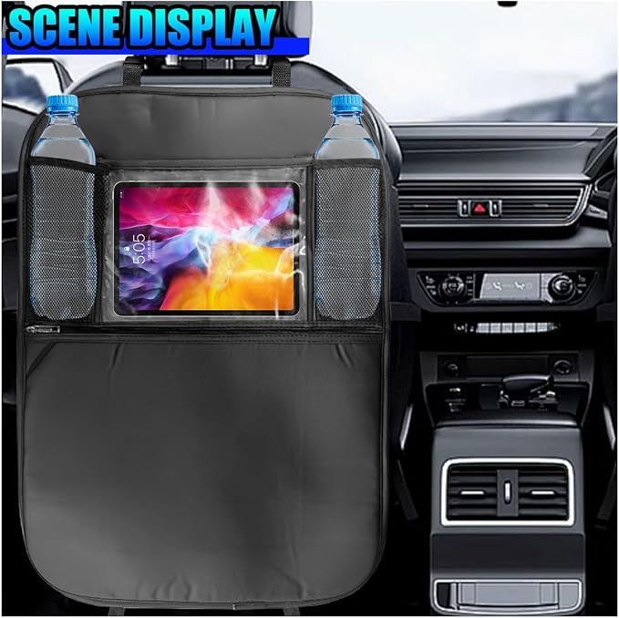 Car Kick Mats Back Seat Protector, Multifunctional Leather Car Rear Seat Hanging Storage Bag, Easy-to-Clean Auto Interior Backseat Organizer Accessory for SUVs, Trucks, Cars (Black)