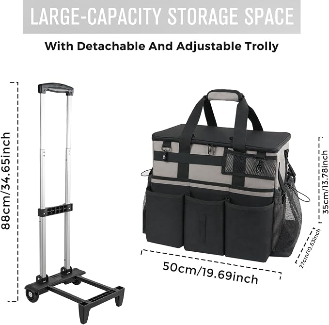SCAVATA Rolling Cleaning Caddy Bag with Detachable Trolley, Large Cleaning Supplies Organizer with Wheels, Multi-Pocket Cleaning Cart with Adjustable Shoulder Strap for Housekeepers (WarmGrey)
