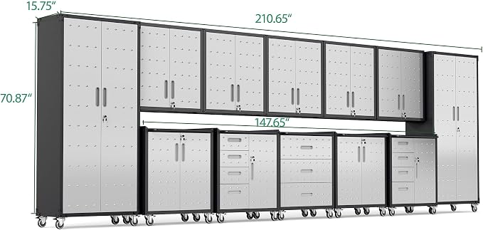 12-Piece Heavy Duty Steel Garage Cabinet System | All-in-One Modular Garage Cabinet Set for Ultimate Workshop Organization | Easy Assembly Garage Storage Cabinets & Tool Bench