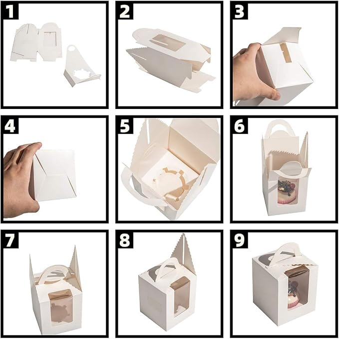 25 Pcs Single White Cupcakes Containers Gift Boxes with Window Inserts Handle for Wedding Candy Boxes (25P-Handle-White)