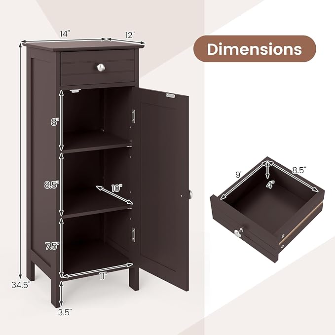 GLACER Floor Storage Cabinet, Bathroom Storage Cabinet (Brown) | 2 Adjustable Shelves | Ideal for Bathroom, Living Room | 14 x 12 x 34.5 inches