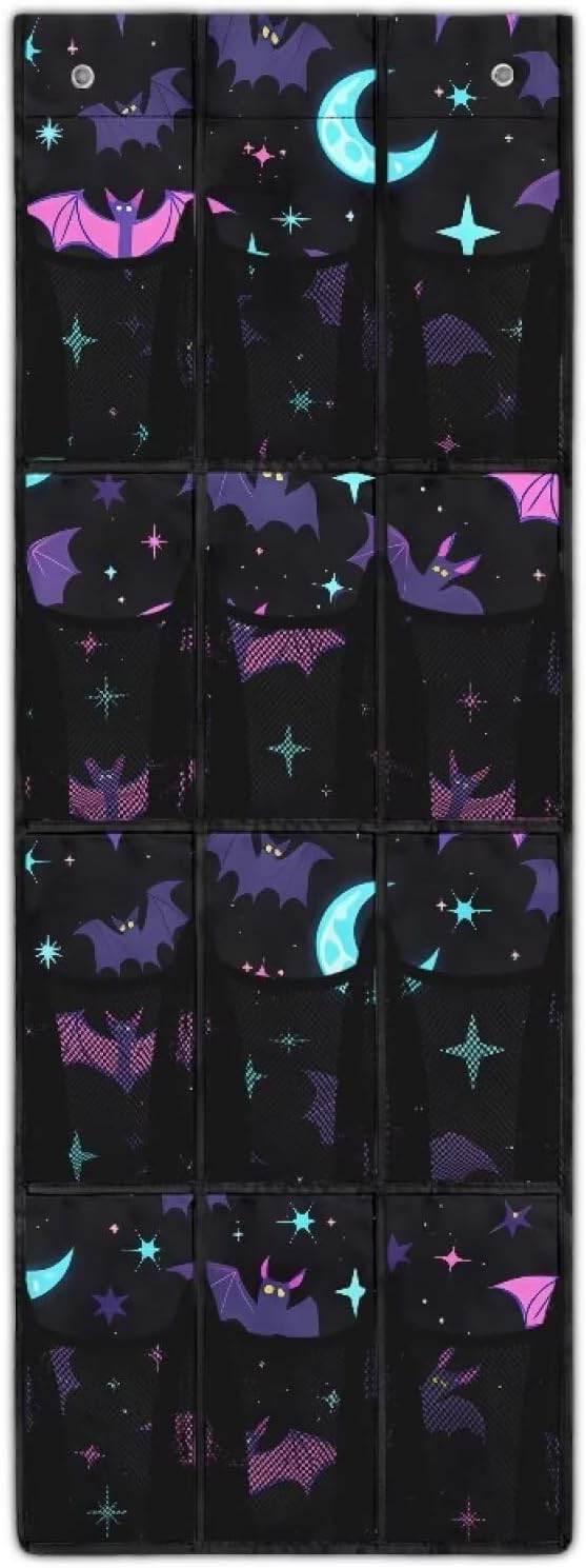 Halloween Bat Over the Door Shoe Organizer,Hanging Storage Bags with 12 Mesh Large Pockets,Behind Door Shoes Hang Holder Rack