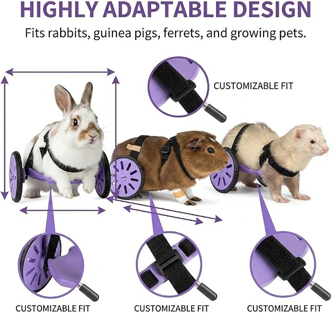 Adjustable Pet Wheelchair for Back Legs, Lightweight Rabbit Wheelchair for Hind Leg Support, Small Animal Mobility Cart for Bunny and Guinea Pig, Compatible with Mini Breeds (Rabbits, Guinea Pigs)