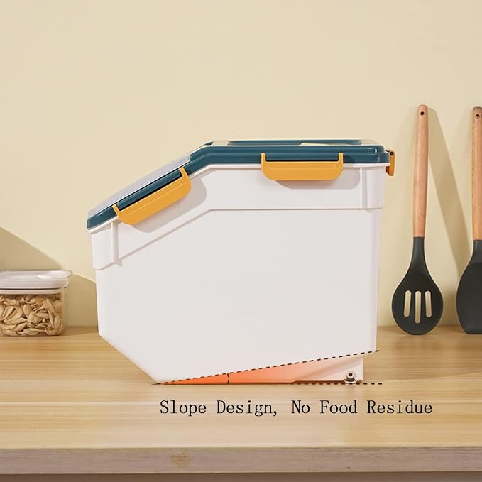 2 Pack 25lbs Rice Storage Container with Wheels, Flour and Sugar Container | Food grade plastic kitchen storage bins hold rice, flour and dry grains, measuring scoop & cup for convenient portion control