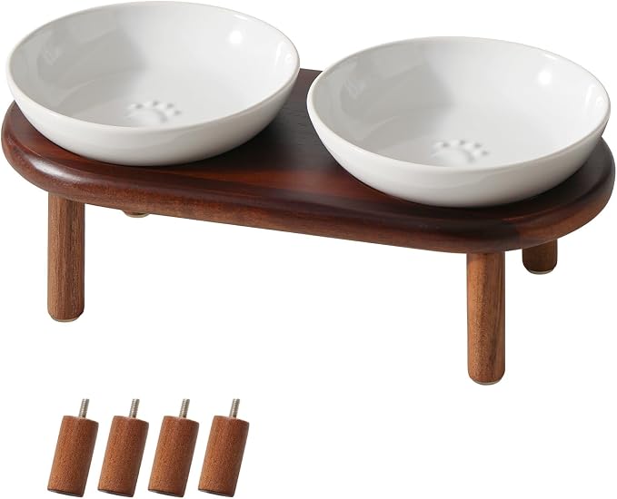 Havniva Elevated Cat Bowls, Ceramic Cat Bowl with Wood Stand, Wide Opening | 5.7” Raised Cat Food Bowls, Whisker Friendly Cat Dish, Anti-Slip Cat Water Bowls, Shallow Cat Bowls, Cat Food & Water Bowl