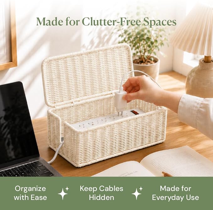 Cable Management Box, Handmade Rattan Cord Organizer for Power Strip | Open Slots Cord Hider for Power Strip, Router & USB Hub, Registered U.S. Design Patent