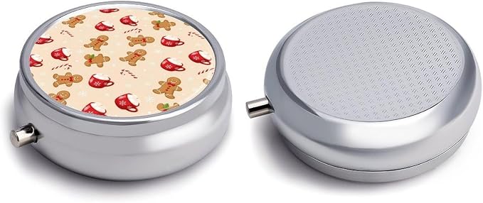 Round Pill Case, Christmas Gingerbread Man Candy Cane Portable Mini Holder, Travel Organizer with Mirror, Pocket Purse Box for Daily Meds