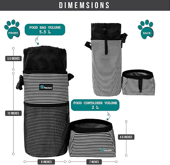 PetAmi Travel Dog Food Bag with 2 Collapsible Bowls Waterproof Dog Kibble Storage & Foldable Food Water Bowls for Dogs & Cats, Hiking & Camping (Stripe Black, Grey)