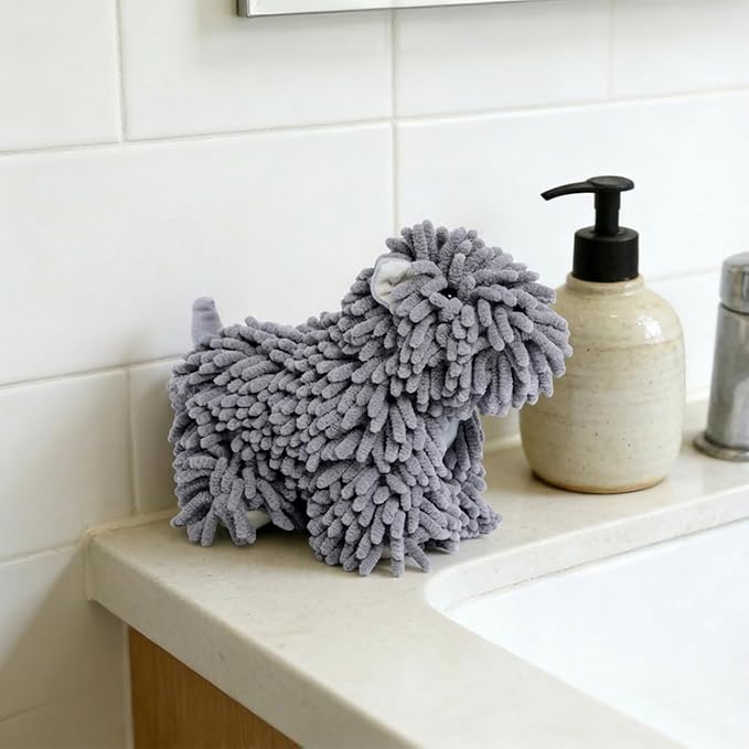 Cute Dog Chenille Hand Towel, 3D Fuzzy Puppy Hangable Ball Hand Towel Microfiber Super Soft Absorbent Bathroom & Kitchen Towels with Hanging Loop, Can Be Placed on the Sink Countertop (Gray)