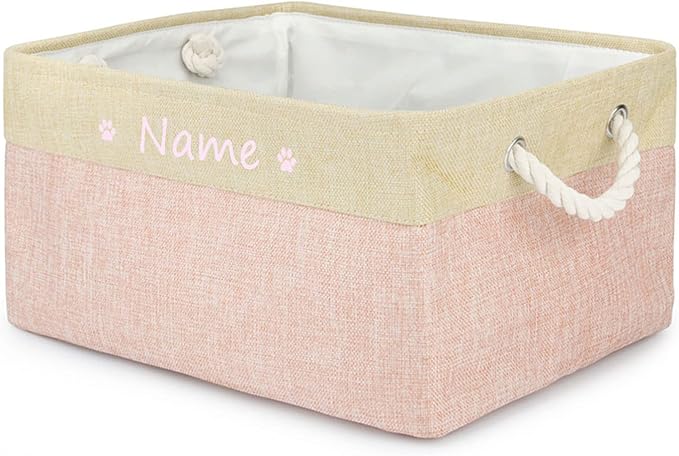 Personalized Pet Dog Toy Storage Foldable Bin Basket, Colorful Font Customized Pet's Name Box Organizer for Dog Toys、 Apparel & Accessories, with Weave Rope Handle(paw Pink-s)