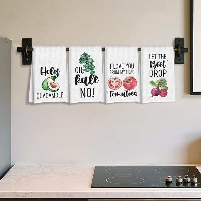 4Pcs Funny Vegetable Kitchen Towels 24x14 Inch, Tomato Avocado Carrot Decor Microfiber Reusable Tea Towels for Bathroom Farmhouse, Durable Waffle Dish Drying Towel, Housewarming Gifts for Women Mom
