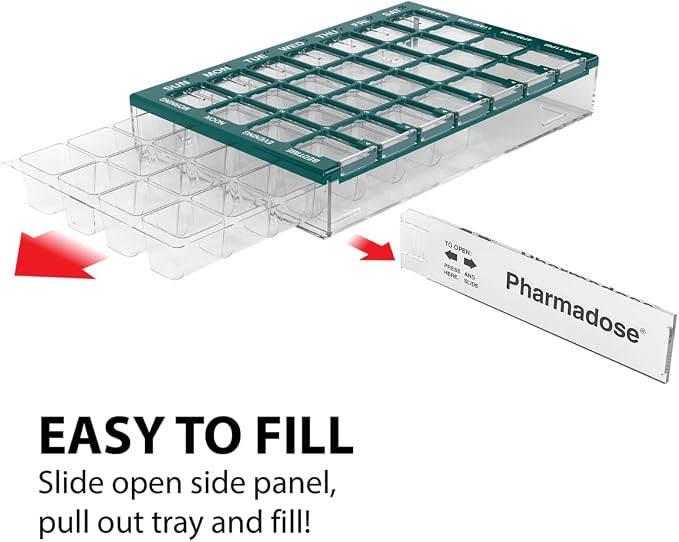 Ezy Dose Pharmadose Weekly 7-Day, 4X/Day Pill Organizer, Green, Medium | 28 Medium Compartment Pill Case, Medicine Planner, Vitamin Organizer with Easy Fill Tray, BPA Free