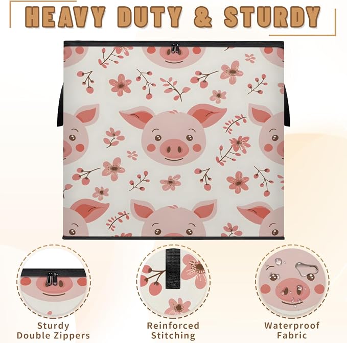 Cute Pig Faces Large Storage Bags, Fabric Bed Storage Containers, Foldable Closet Organizers for Blanket, Clothing, Comforter, Bedding, Pink Pig