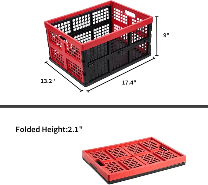 Aebeky 3-Pack Plastic Collapsible Storage Crates-30L,Foldable Plastic Crates for Storage (Black+Red)