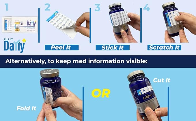 PILL IT DaYly Scratch Off Stickers, Daily Pill Reminder Medication Tracker, Pill Bottles Stickers, Portable Pill Tracker, Pill Organizer Alternative, Multi Dose, Kids, Pet, Travel, Prenatal Vitamins