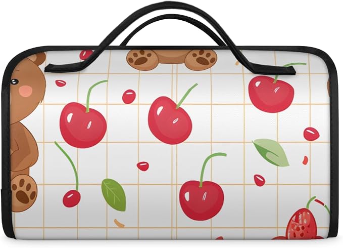 Cherry Makeup Bag for Women Hanging Roll-Up Travel Organizer Toiletry Kit with 4 Removable Compartments, Bear