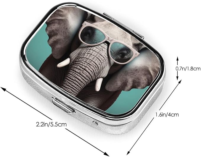Square Pill Box Elephant with Glasses Pill Case for Purse & Pocket 3 Compartment Pill Organizer Portable Travel Pillbox Medicine Pill Holder Container for Daily Vitamin Cod Liver Oil Storage