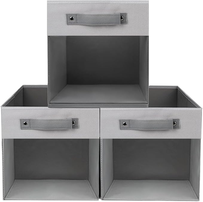 3-Pack Foldable Storage Cubes with Clear Window,Heavy Duty Fabric Storage Bins for Closet,Nursery,Office,Dorm & Home Organization,Space-Saving Box Organizer Basket for Books,Clothes,Toy (Gray & White)