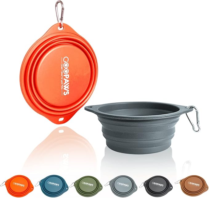 2 Pack Silicone No Spill Collapsible Travel Dog Feeding Bowls | Food-Grade Silicone, BPA Free, Travel Pet Bowls, with Carabiner Clip for Hiking, Durable & Quality, Dishwasher Safe