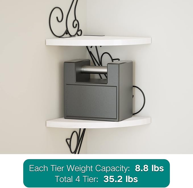 Alsonerbay 4-Tier Cat Shaped Corner Floating Shelf Wall Mount, White | Curved solid wood, 35.2 lbs total capacity, reinforced metal bracket, rustic decor, for bedroom, living room & kitchen
