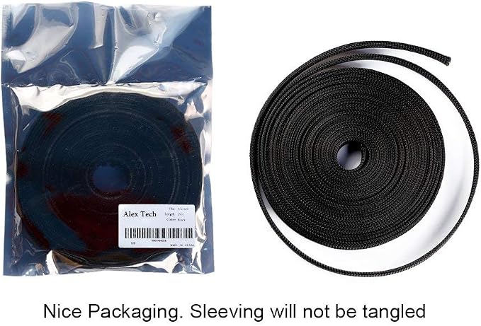 50ft - 1/4 inch & 1/2 inch PET Expandable Braided Sleeving – Black – Alex Tech Braided Cable Sleeve