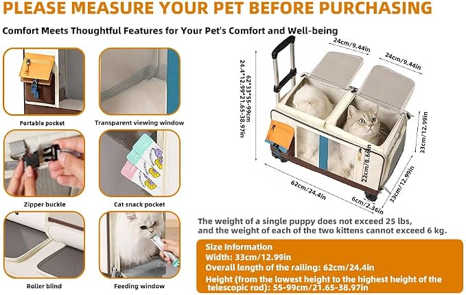 Large Cat Carrier with Wheels for 2 Cat, Double Rolling Pets Carrier on Wheel, Folding Soft-Sided Carriers with Telescopic Handle, Shoulder Strap Removable Soft-Sided Bag for Car, Vet, Outing